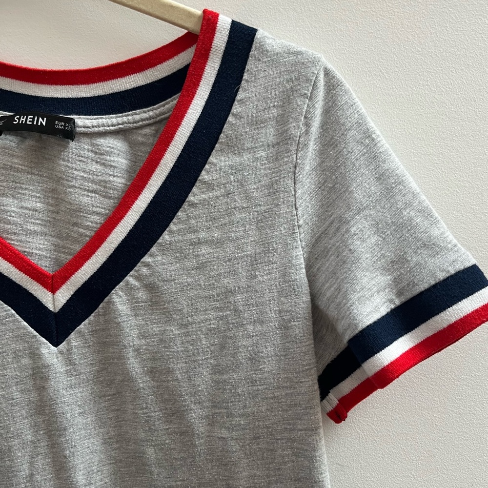SHEIN V-Neck Ringer T-shirt/tee— Gray/Red/White/Navy Blue— Extra Small—XS